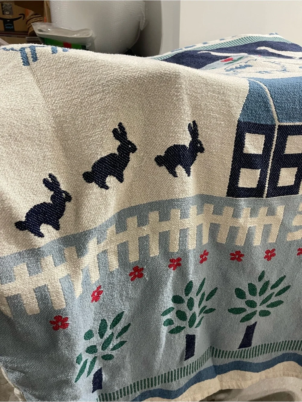 Y2K Blue and White Farm Animal Cotton Throw Blanket Welk Loved